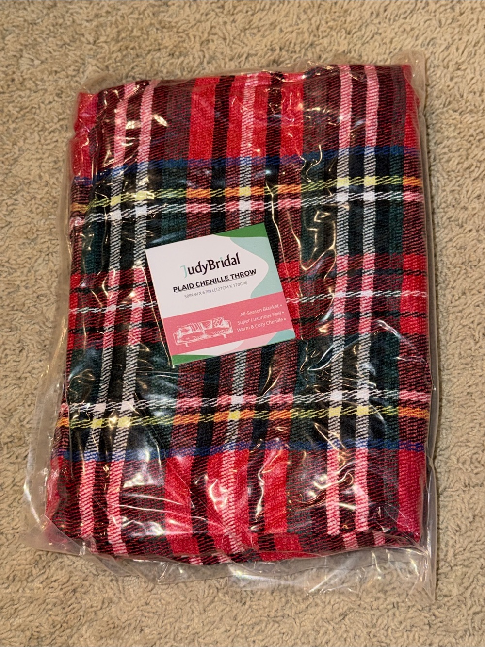 Red Plaid Chenille Throw Blanket